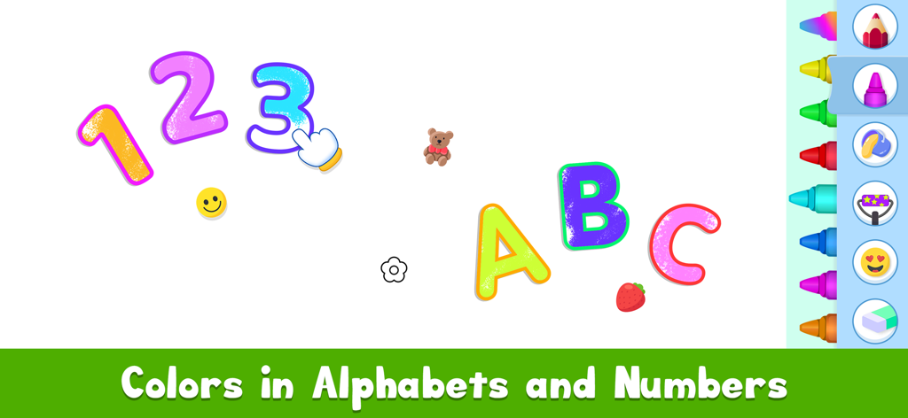 ABC Tracing & Phonics for Kids - Educational app screen showing colorful numbers and letters with a drawing tool menu