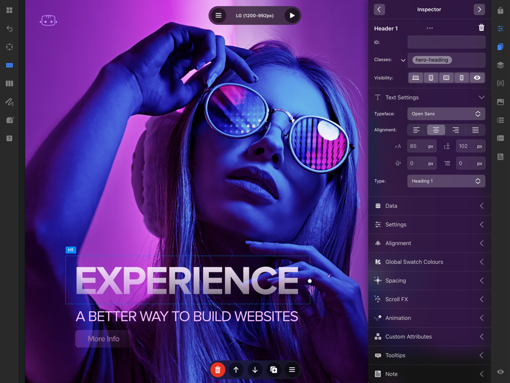 La interfaz de la aplicación Blocs en iPad mostrando un editor visual de sitios web con ajustes de tipografía y diseño para una sección principal