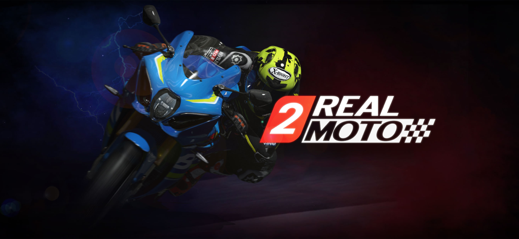 Real Moto 2 - A motorcycle racer leaning into a curve on a blue sports bike in Real Moto 2