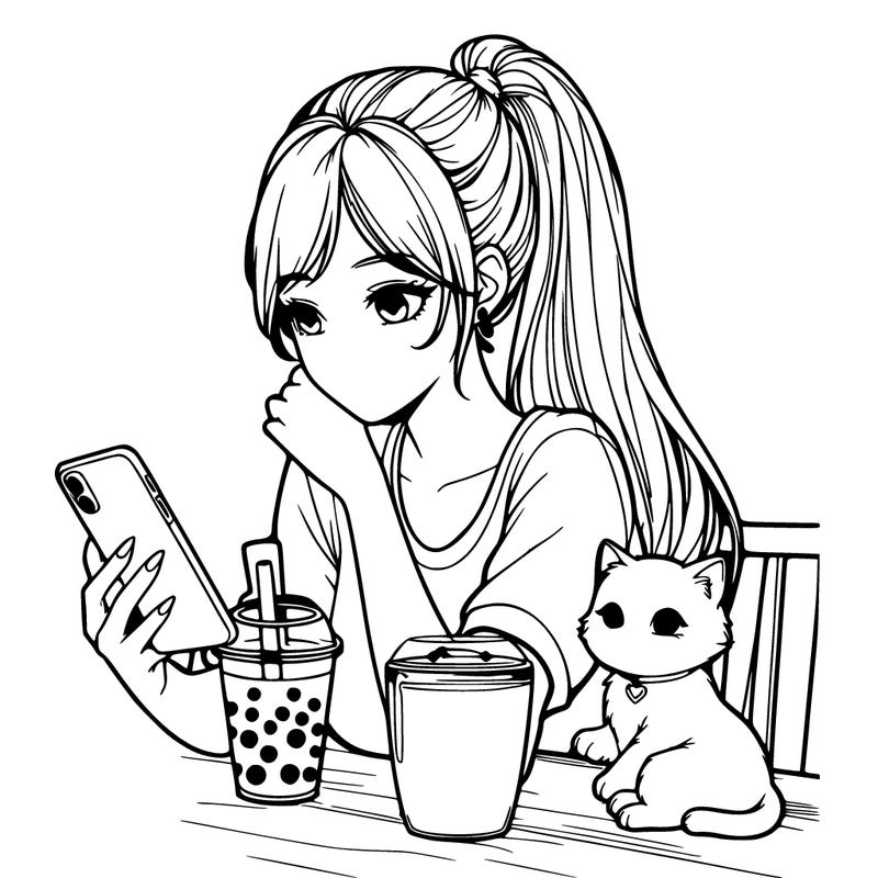 make a realistic girl with a pony tail and make her hold a phone in her left hand and put a cup of boba in her right hand and on her lap is a baby kitten