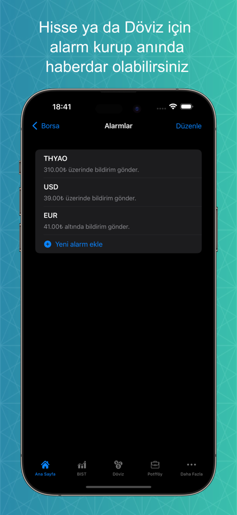 Canlı Borsa-Döviz Altın Kripto - Alarm settings screen for stock and currency price alerts in the Canli Borsa app