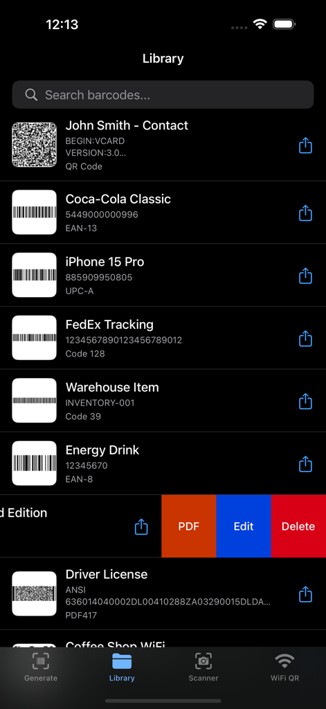Barcodes Generator Unlimited - Library screen displaying a list of saved barcodes and QR codes in the app