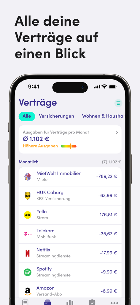 A list of monthly subscriptions and contracts in the Finanzguru app