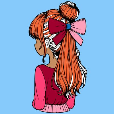 realistic girl  with hip length hair a bun and a big bow on the back of head