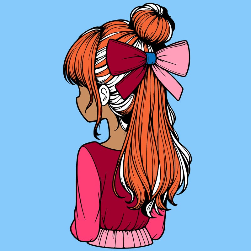 realistic girl  with hip length hair a bun and a big bow on the back of head