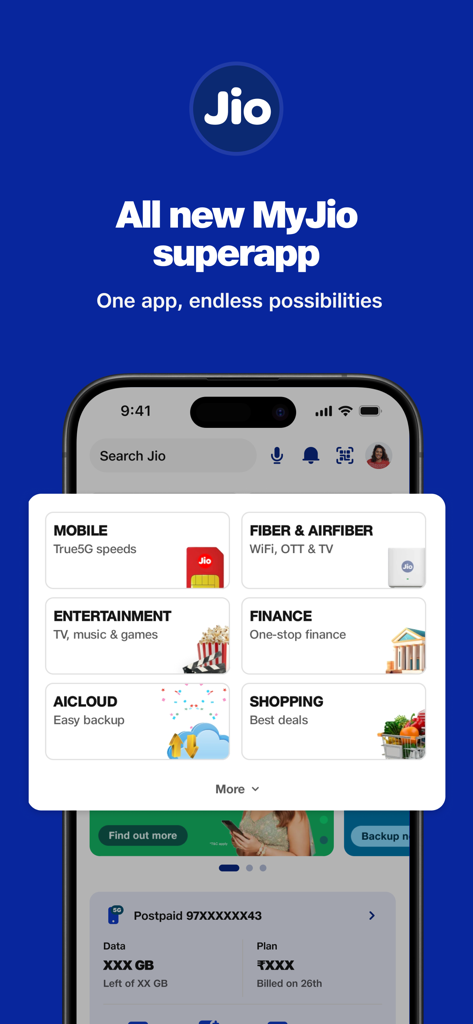 MyJio superapp interface displaying categories for mobile entertainment and finance