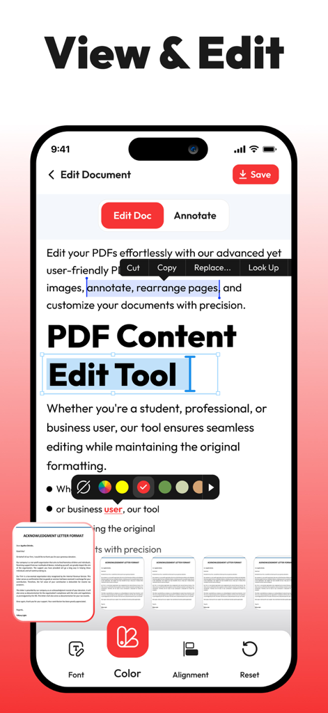 PDF Editor, Edit PDF Documents - Interfaz de la aplicación móvil para ver y editar texto de documentos PDF en un iPhone.