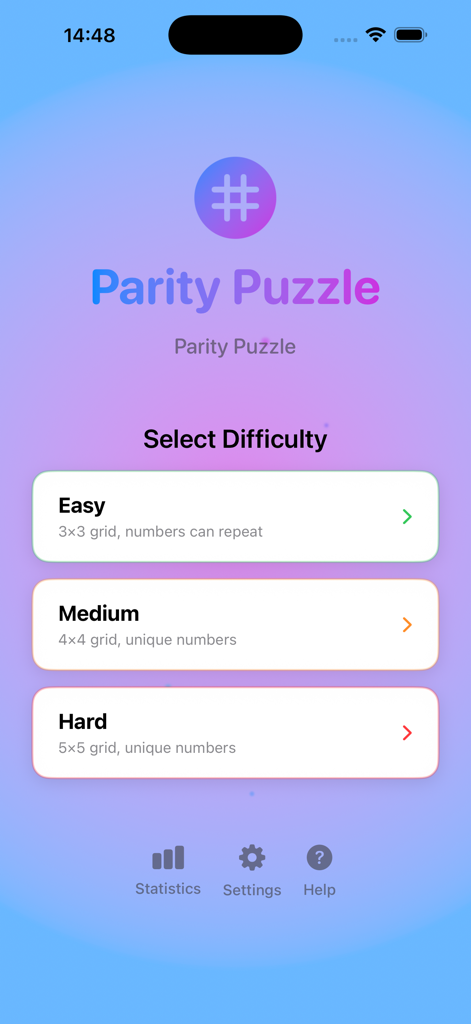 Parity Puzzle - The difficulty selection screen of the Parity Puzzle app featuring Easy Medium and Hard game modes.