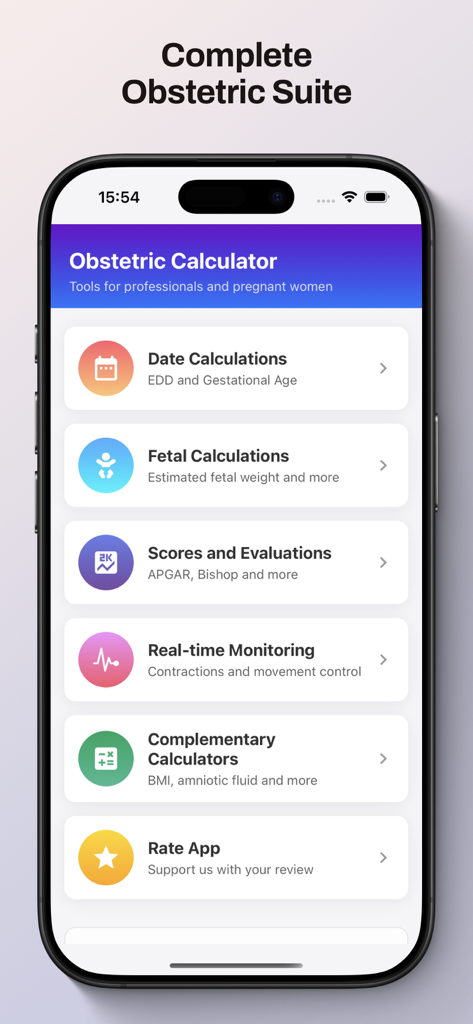 Obstetric Calculators - Main menu of the Obstetric Calculators mobile app featuring sections for date, fetal, and real-time pregnancy monitoring tools.