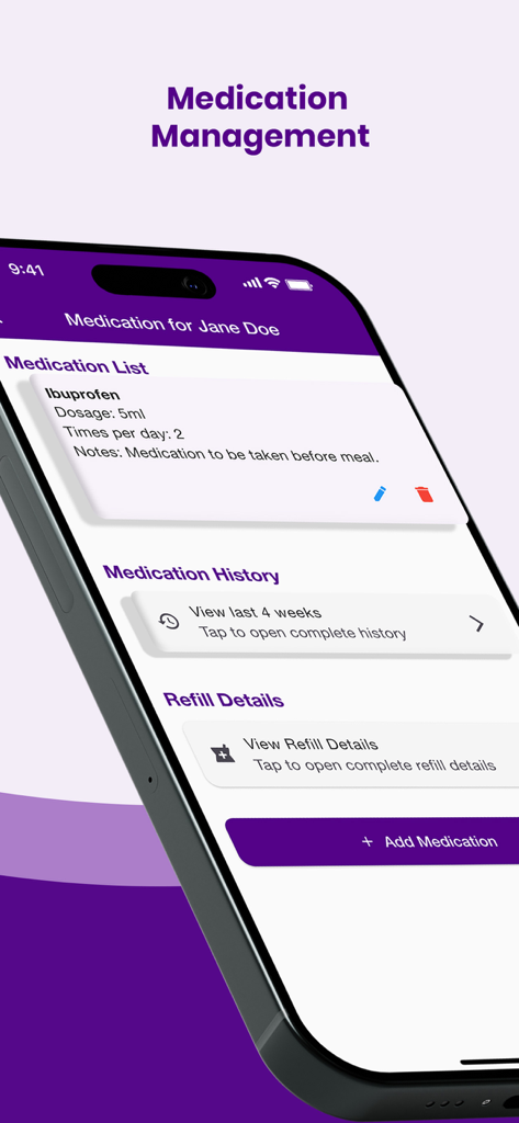 My Virtual Carer - Care App - Medication management screen in the My Virtual Carer app showing a list of drugs, dosages, history, and refill details.
