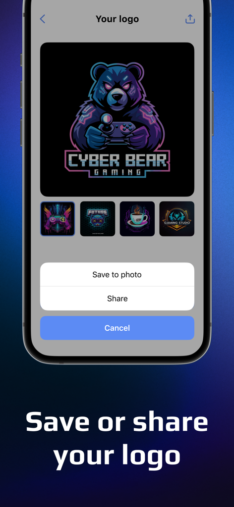 AI Logo Maker App: Generator - AIロゴメーカーアプリのインターフェースに、ネオンのゲームのクマのロゴと保存または共有のオプションが表示されている