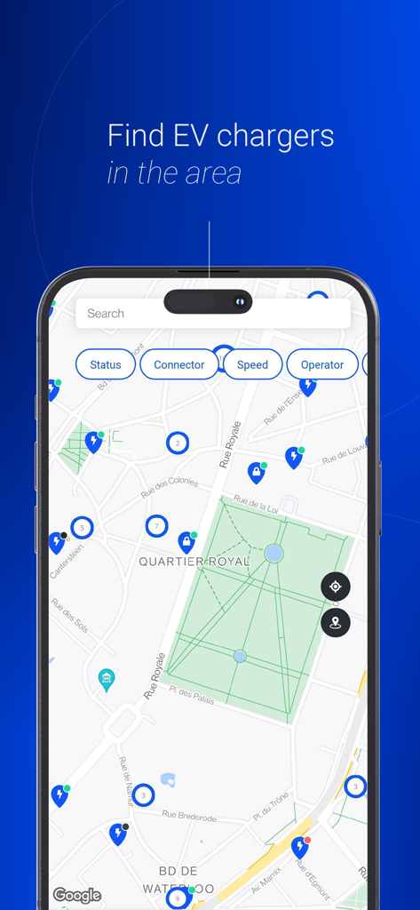Mobiflow: mobility in 1 app - Mobiflow app map interface showing real time EV charging station locations with filtering options for status and connector type