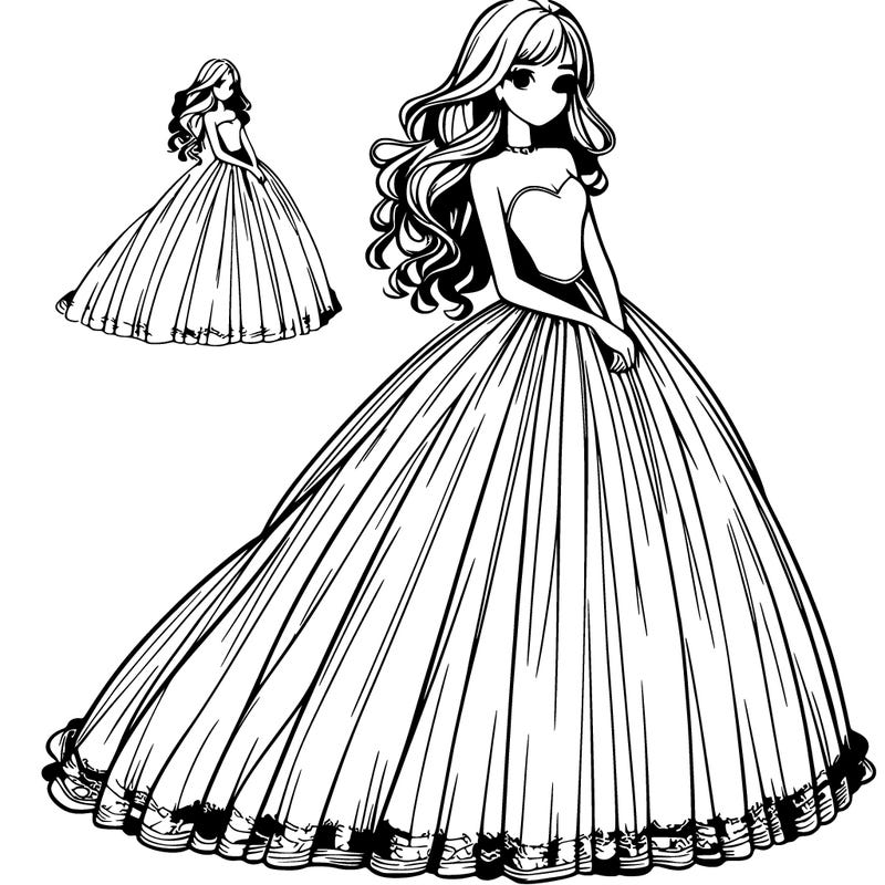 realistic girl in very long ball dress.
