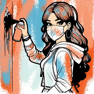 realistic girl with mask spray painting a wall