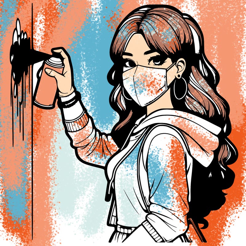 realistic girl with mask spray painting a wall