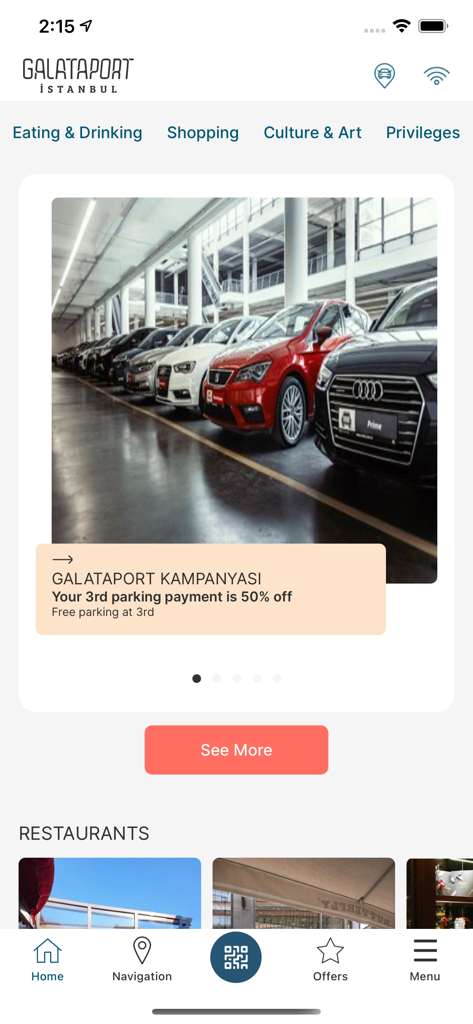 Schermata principale dell'app Galataport Istanbul che mostra un'offerta di sconto sul parcheggio e categorie di navigazione.