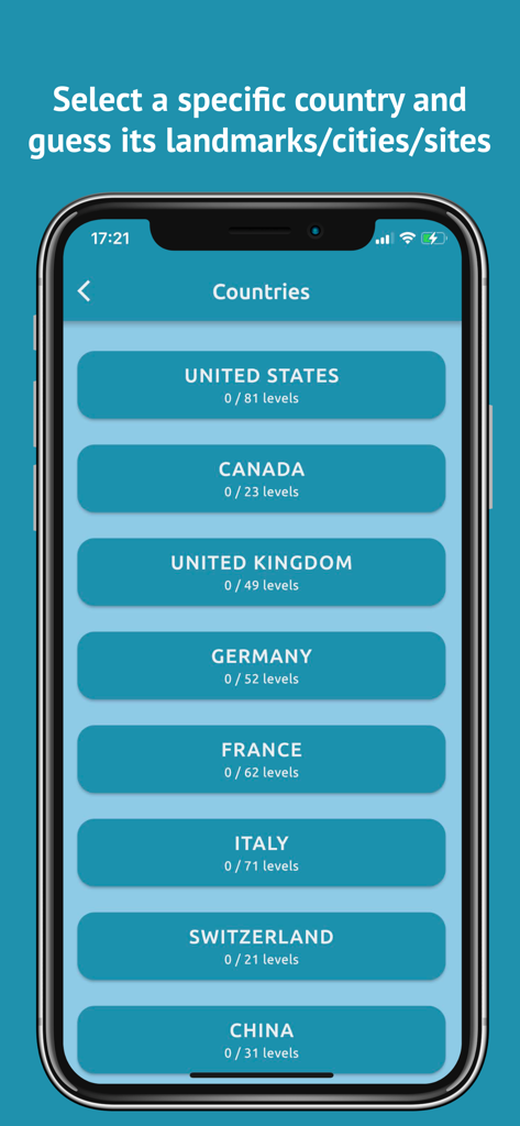 Geo Mania: Guess the Location - Geo Mania app screen showing a list of countries for selecting geography and landmark trivia levels