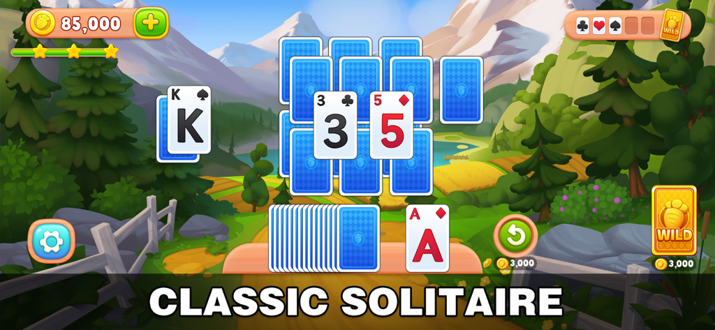 Classic solitaire card game layout set against a scenic farm and mountain landscape