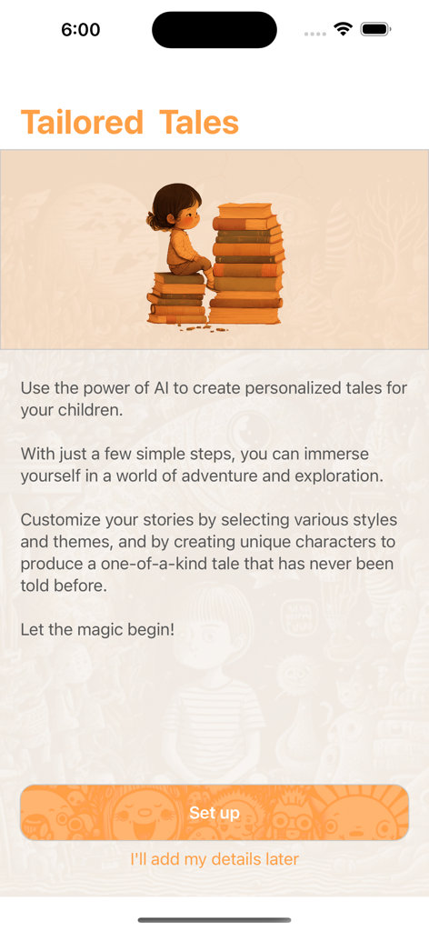 AI Stories For Kids - Welcome screen for the AI Stories For Kids app featuring a child sitting on a stack of books