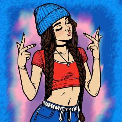 realistic teenage girl with braids and a beanie and crop top doing 🫶🏼