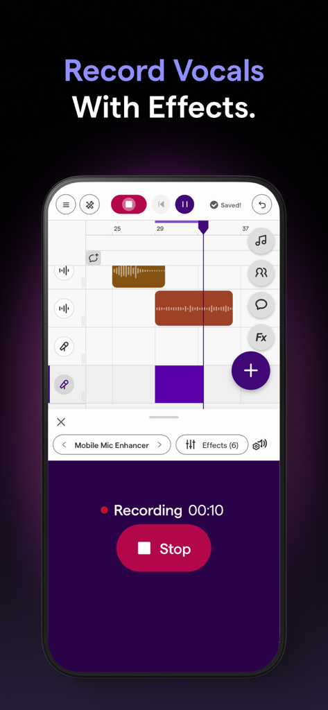 Soundtrap: Music Making Studio - Interfaz de la aplicación Soundtrap que muestra a un usuario grabando voces con efectos en tiempo real en el estudio móvil