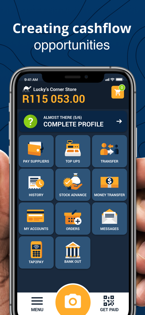 Shop2Shop - Interface of the Shop2Shop app showing business management tools including supplier payments money transfers and order tracking