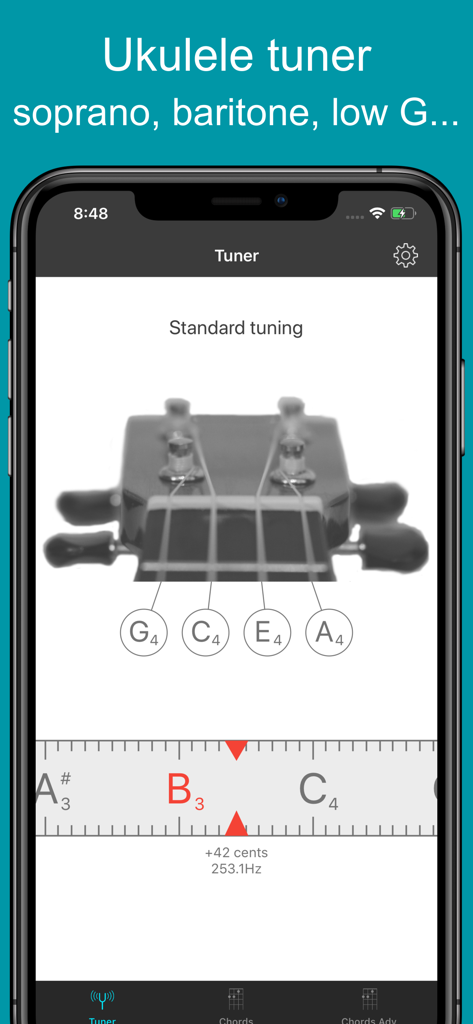 Interface de l'application mobile Ukulele Tuner EM1 montrant l'accordage standard sur un iPhone