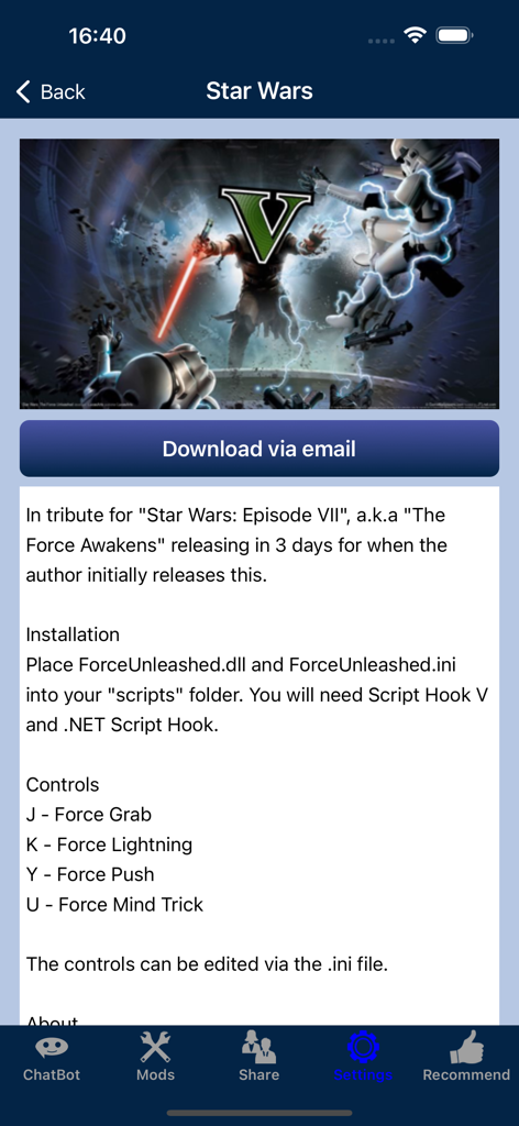 Screenshot of a Star Wars mod for GTA 5 featuring installation instructions and force power controls