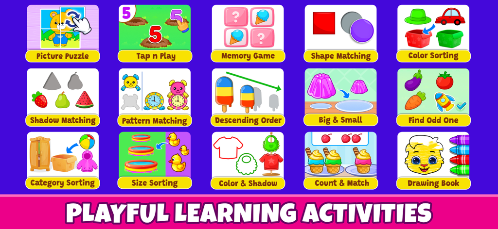 Toddler & Preschool Kids Games - Grid of 15 educational games for toddlers including sorting matching and puzzles