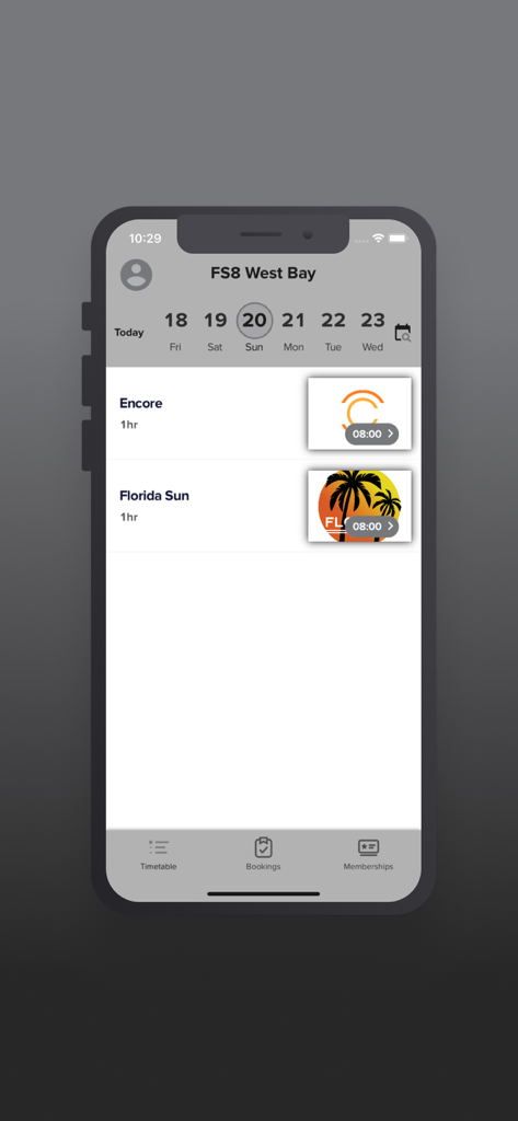 FS8 Studio app interface showing a weekly class timetable and booking options for fitness sessions.