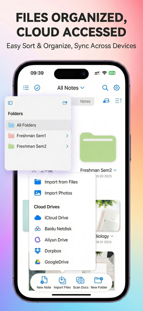OrigNotes - OrigNotes app interface showing organized academic folders and cloud synchronization options for students.
