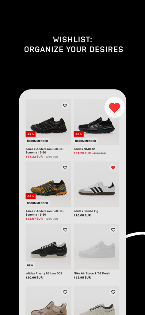 Footshop mobile app wishlist screen displaying various sneaker models from brands like Adidas and Nike
