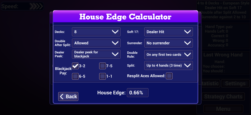 A house edge calculator interface in a blackjack training app showing rule settings and a calculated edge of 0.66 percent.