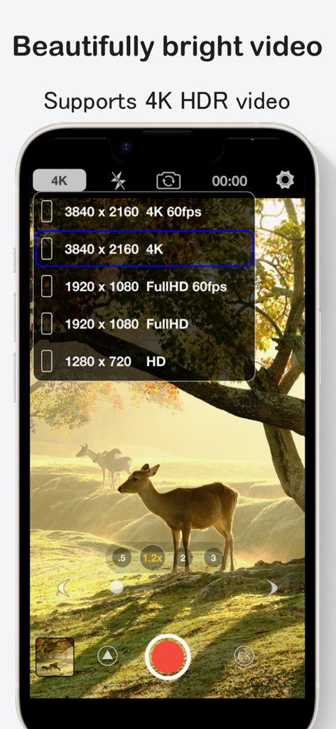 Interfaz de StageCameraHD2 mostrando opciones de resolución de video 4K HDR y vista de cámara de un ciervo en un campo