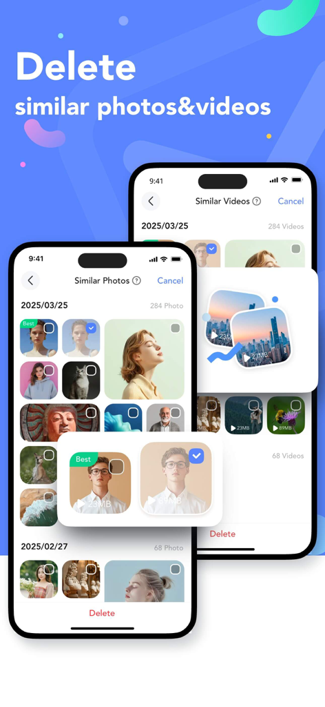 Interface de l'application Pure Master montrant comment détecter et supprimer les photos et vidéos similaires pour économiser de l'espace de stockage sur iPhone