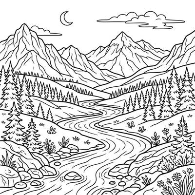 Embark on a serene journey with this beautiful grayscale coloring page featuring a winding mountain river landscape. This detailed scene offers realistic depth and shadows, inviting you to bring its natural beauty to life with your chosen colors.
