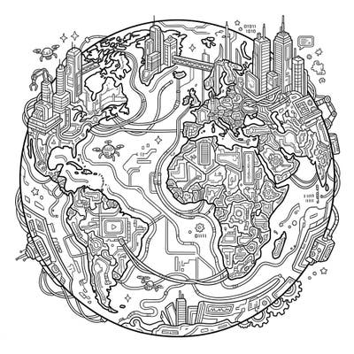 Dive into a dystopian future with this stunning Cyberpunk Earth coloring page. This intricate design features our planet transformed into a high-tech metropolis, crisscrossed with wires and glowing circuits, ready for your creative touch.