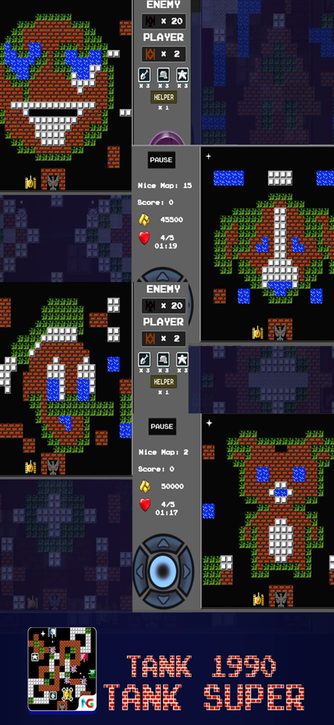 Collage of 8-bit pixel art gameplay levels from the Tank 1990 mobile game