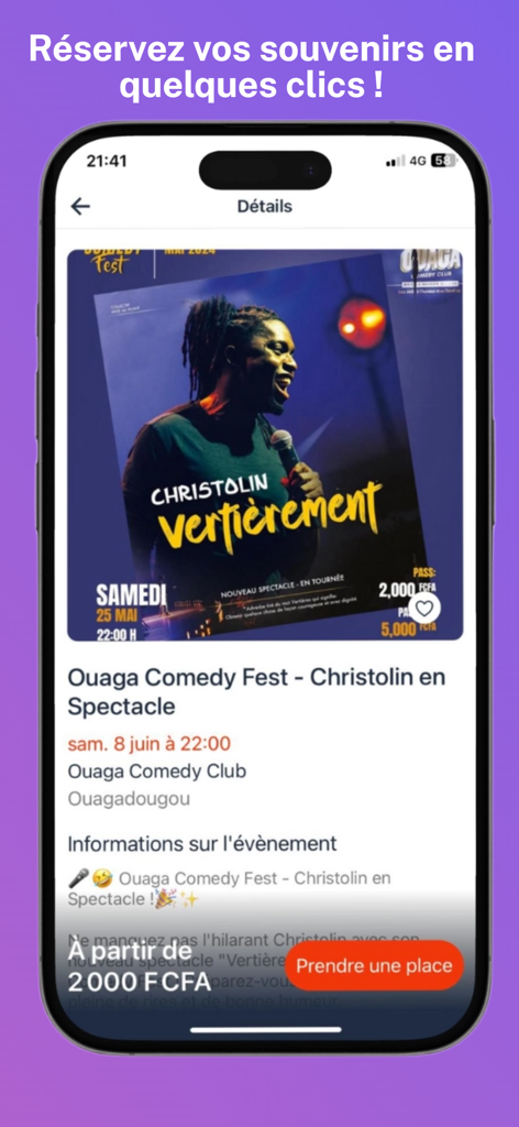 예약 버튼이 있는 와가두구 코미디 페스티벌 이벤트 세부 정보를 보여주는 Sanbbiz 앱 인터페이스