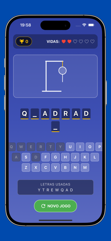 Jogo Forca - Screenshot of Jogo Forca hangman game on an iPhone showing a Portuguese word puzzle and gallows