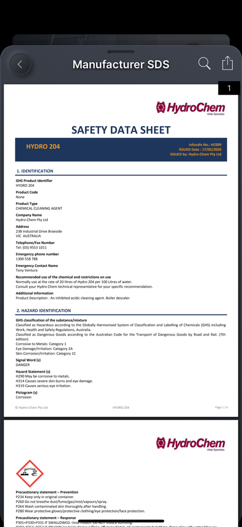 ChemAlert app displaying a Manufacturer Safety Data Sheet for a chemical product