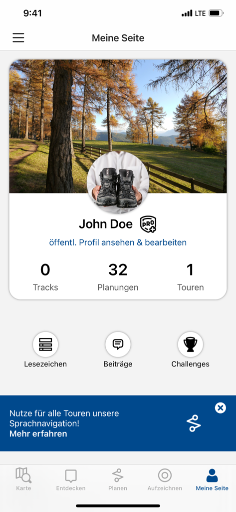 Tourenplaner SCHWEIZ - Benutzerprofilseite der Tourenplaner SCHWEIZ App, die Wanderstatistiken und Pläne anzeigt