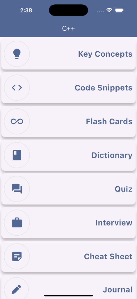 C++ Flashcards and Dictionary - Das Hauptmenü der C plus plus Karteikarten und Wörterbuch-App mit Lernkategorien wie Schlüsselkonzepte, Code-Snippets und Interviewvorbereitung.