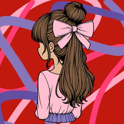 realistic girl  with hip length hair a bun and a big bow on the back of head
