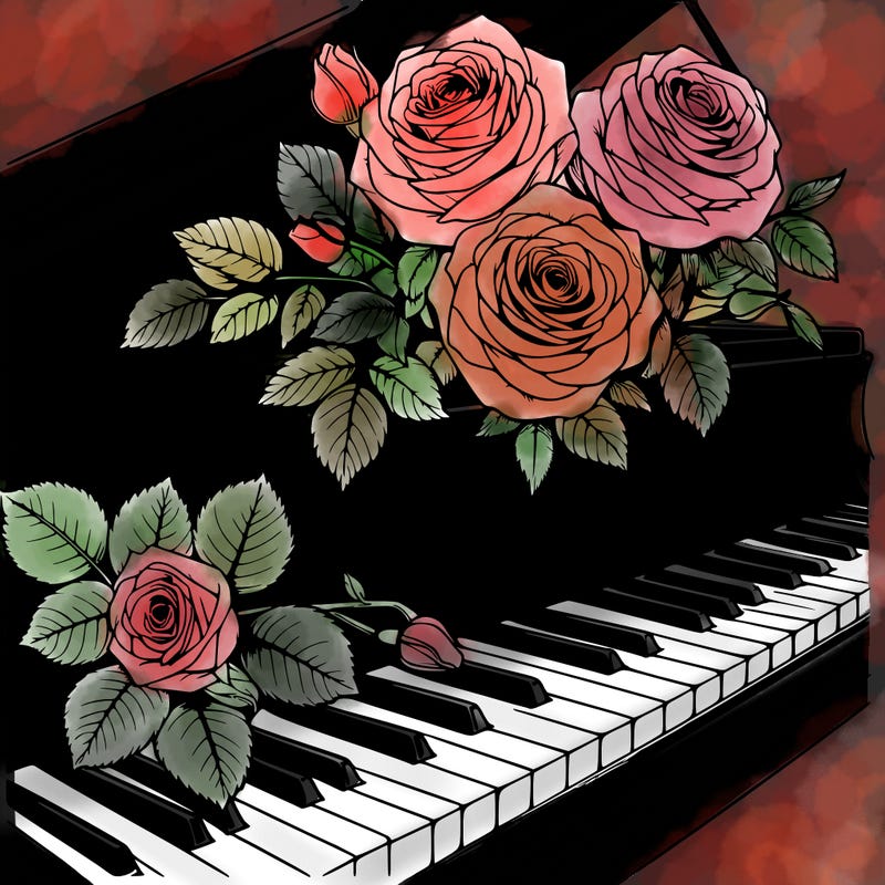 roses on piano realistic