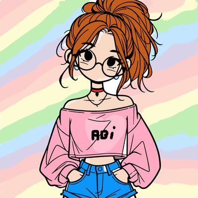 girl with a messy ponytail glasses a baggy crop top and jean shorts