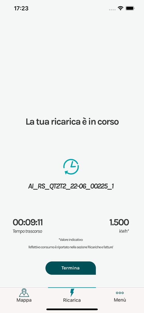 Acea e-mobility - Schermata della sessione di ricarica attiva di un veicolo elettrico sull'app Acea e-mobility che mostra il tempo e il consumo di energia
