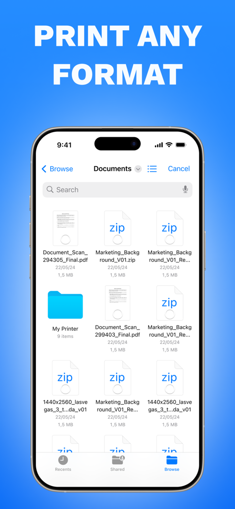 Smart Printer - Scanner PDF - Captura de pantalla del iPhone mostrando múltiples formatos de archivo listos para imprimir