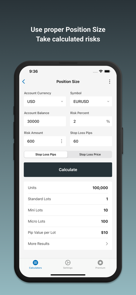 FXポジションサイズ計算アプリ画面、ロットサイズとリスク管理計算を表示