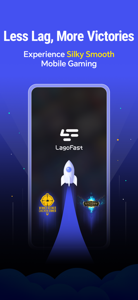 Captura de tela promocional para LagoFast Game Booster mostrando o lançamento de um foguete e slogans para menos lag e mais vitórias em jogos mobile.